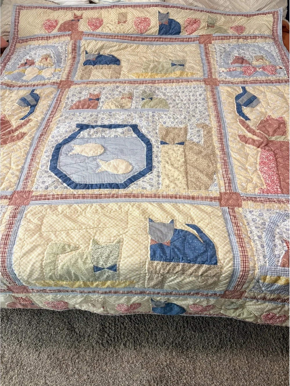 Vintage PEM America Cat Quilt Twin 68x86 Fishbowl Cottagecore Patchwork Cotton